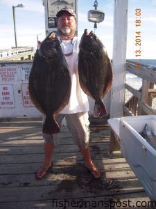 Tim Lee, of Fayetteville, NC, with 9 .5 and 5.25 lb. flounder that bit live mullet in the Cape Fear River. Weighed in at Oak Island Pier.