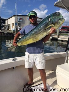 Taylor Burke with a 45 lb. dolphin that he hooked near the Big Rock. Weighed in at Freeman's Bait and Tackle.