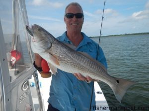 Capt. Harold Rohrback with a 28" red drum that struck a MirrOlure topwater plug near Little River while he was fishing near Little River Inlet with Capt. Patrick Kelly of Capt. Smiley's Fishing Charters.