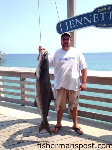 Travis Kemp, of Moyock, NC, with a 67.75 lb. cobia that inhaled a live threadfin herring off the end of Jennette's Pier.