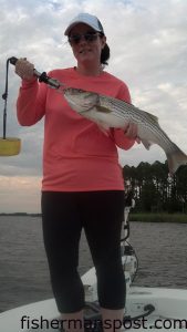 Megan King with a striped bass that bit a topwater plug around a stump field in the Neuse River while she was fishing with her husband, Capt. D. Ashley King of Keep Castin' Charters.