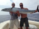 Clif Holloman and Brandon Creech with a 52 lb. wahoo that bit a ballyhoo behind a Blue Water Candy JAG at the Rise while they were trolling on the "King Finz."