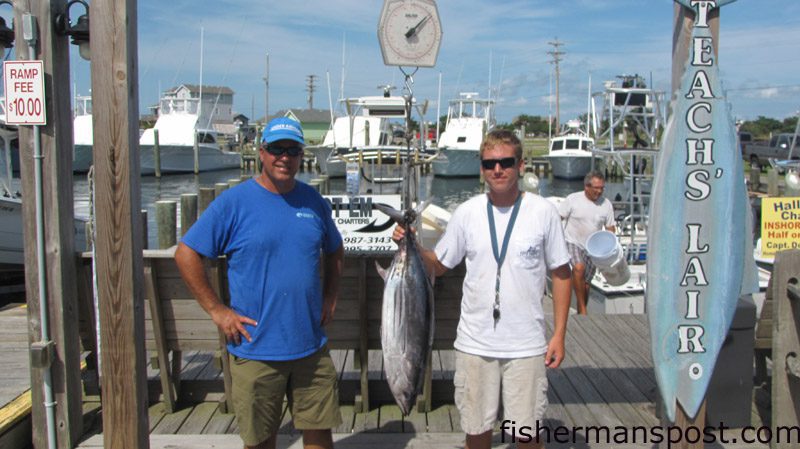 Pat and Matthew Kelly, of Chesapeake, VA, with a pending NC State Record skipjack tuna. The pair hooked the 32 lb. fish while trolling off Hatteras Inlet on the “Megabite.” Weighed in at Teach’s Lair Marina.