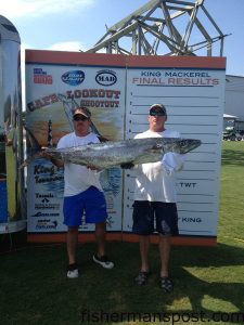Mark Jones and Alan Harris with the 50.14 lb. king mackerel that secured first place in Leg 2 of the Cape Lookout Shootout King Mackerel Series for the "Miss Teny" crew. The big king struck a 2 lb. bluefish near the George Summerlin Reef while they were fishing with Ashley Jones and Randy Chase.
