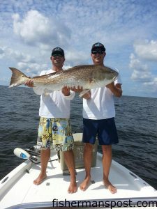 Travis Overman and Chad Bazen, of Bazen Custom Rods, with a 51" red drum they caught and released after it bit a cut bait in the Pamlico Sound near the mouth of the Neuse River. They were fishing with Justin Eddins.
