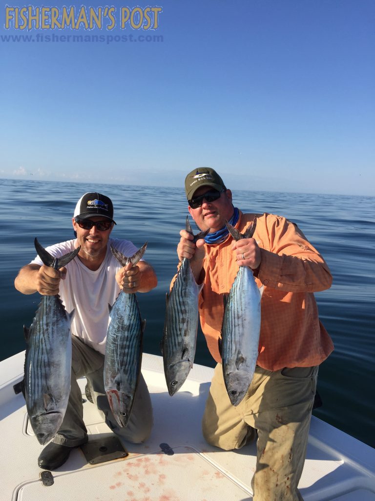 Capt. Daniel Jarvis (left), of Flat Foot Fishing Charters out of Topsail, and Publisher Gary Hurley with a couple of the first bonito they caught on the cast while fishing Diver's Rock.