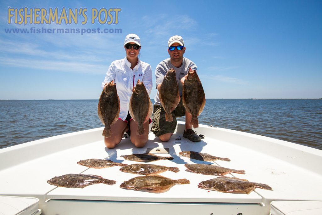 Courtney and Matt Lusk with a limit catch of flounder they hooked while fishing the Pamlico Sound with Salt Minded Charters.