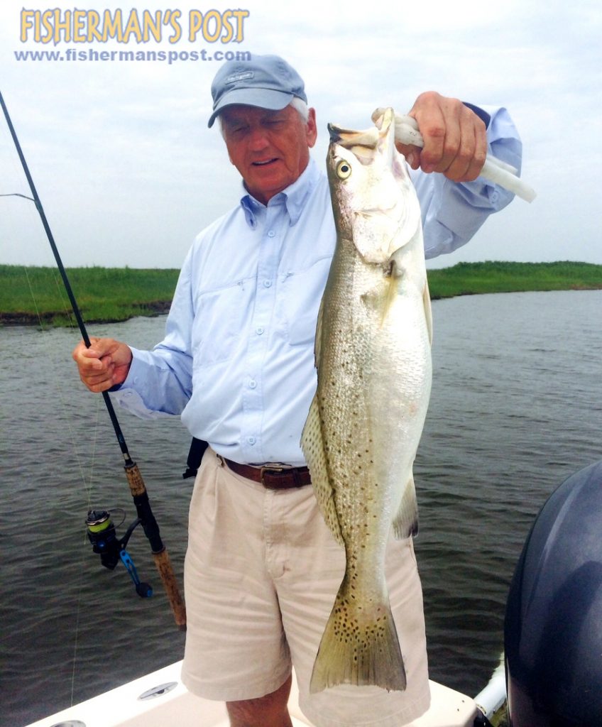 Ted Garrett, of Hetford, NC, with a 5 lb., 25" speckled trout that bit a Z-Man soft plastic while he was fishing with Capt. Richard Andrews of Tar-Pam Guide Service.