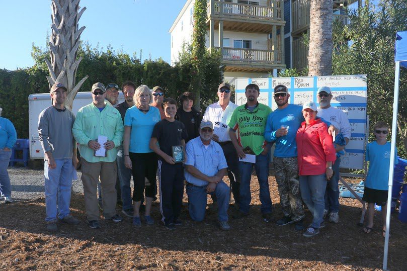 The winners and organizers of the First Annual Dean’s Dream Fish For Cure Inshore Tournament at the awards ceremony following the event at Surf City’s Sears Landing Boat Docks and Grill.