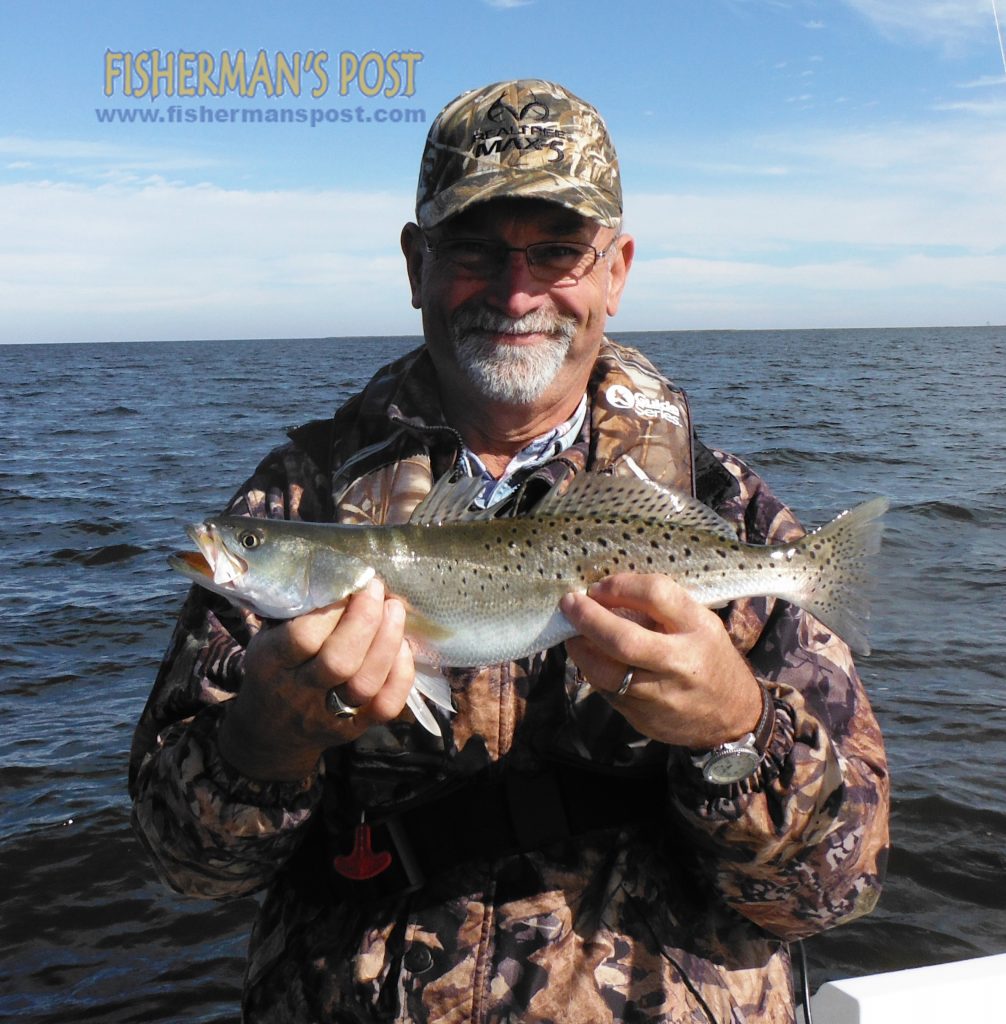 Stanley Young with a speckled trout he landed on a D.O.A. soft plastic bait while fishing the lower Neuse River with Capt. Dave Stewart of Knee Deep Charters.
