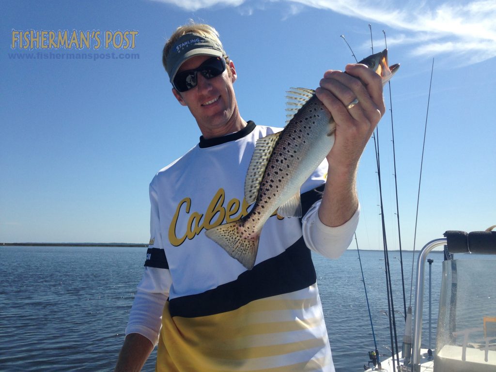 Capt. Mitchell Blake, of FishIBX.com, with a speckled trout he landed on a Yeeha Swimbait in the Pamlico River in mid-October.