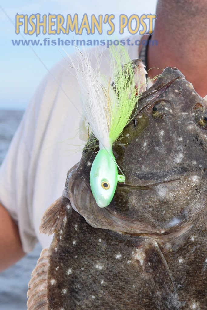 The "Peppermint Patty" Breakday Bucktail hangs from the lip of a keeper flounder caught by Capt. Justin Ragsdale on some structure some 300 yards off of the AR-315 buoy.