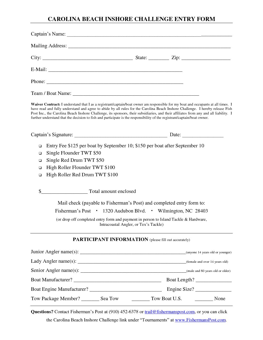 2018 Carolina Beach Inshore Challenge Print Entry Form