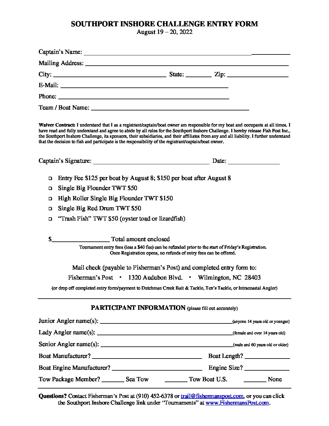 2022 Southport Inshore Challenge Print Entry Form