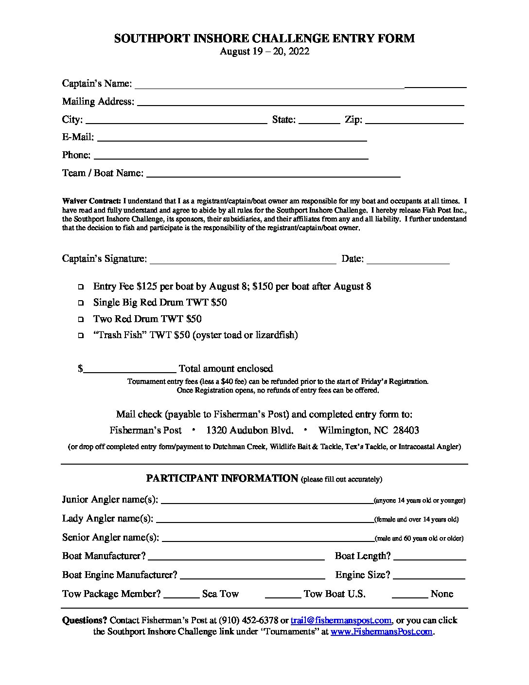 2022 Southport Inshore Challenge Print Entry Form