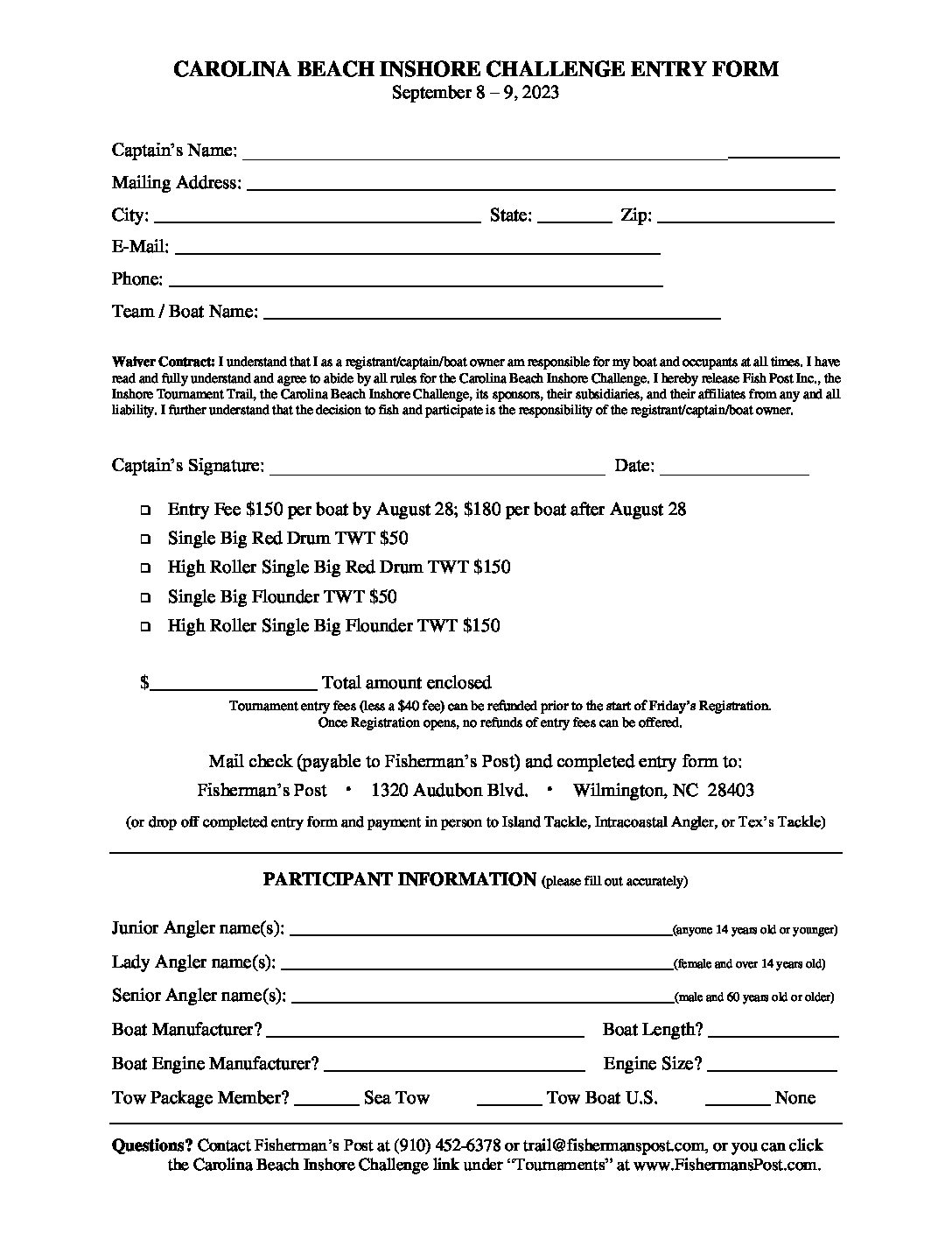 2023 Carolina Beach Inshore Challenge Print Entry Form