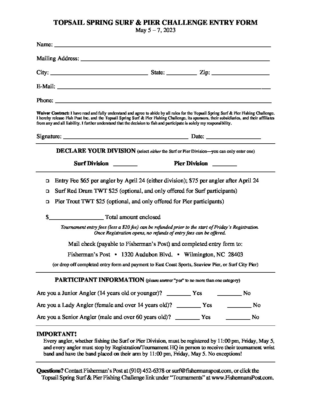 2023 Topsail Spring Surf & Pier Fishing Challenge Print Entry Form
