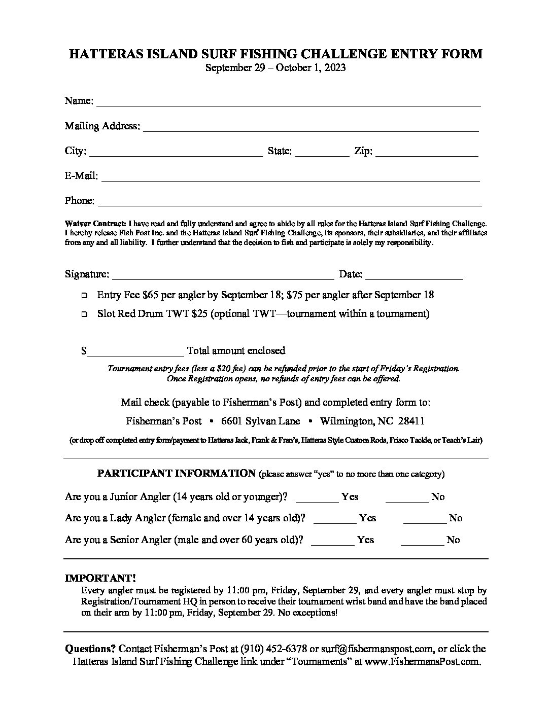2023 Hatteras Island Surf Fishing Challenge Print Entry Form