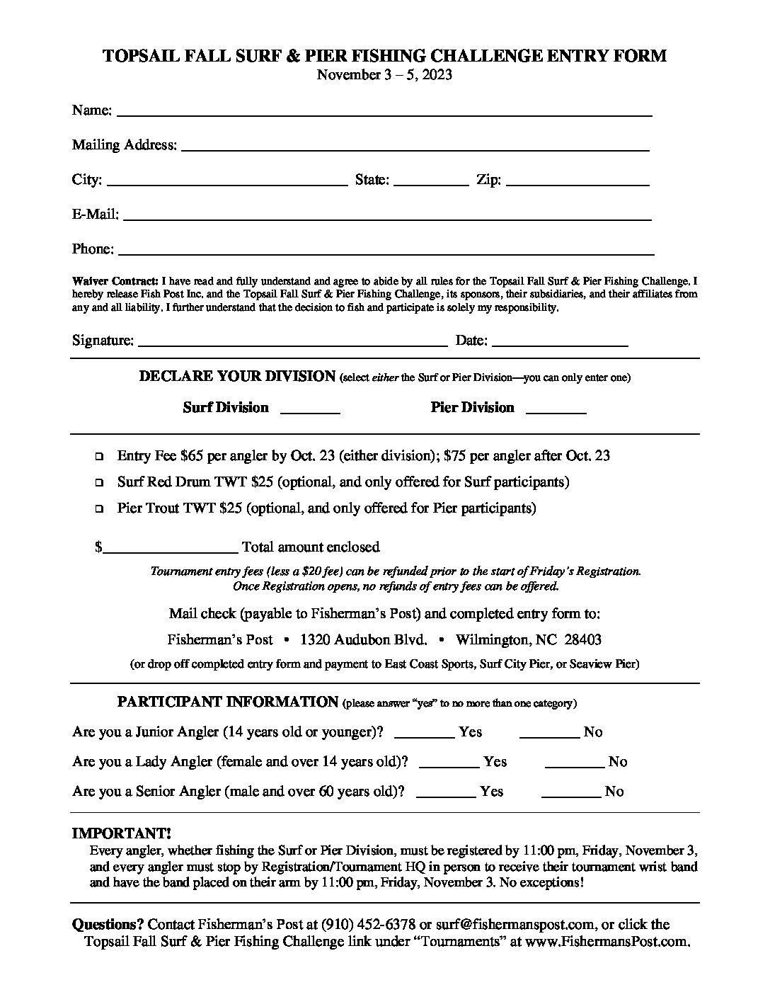 2023 Topsail Fall Surf & Pier Fishing Challenge Print Entry Form
