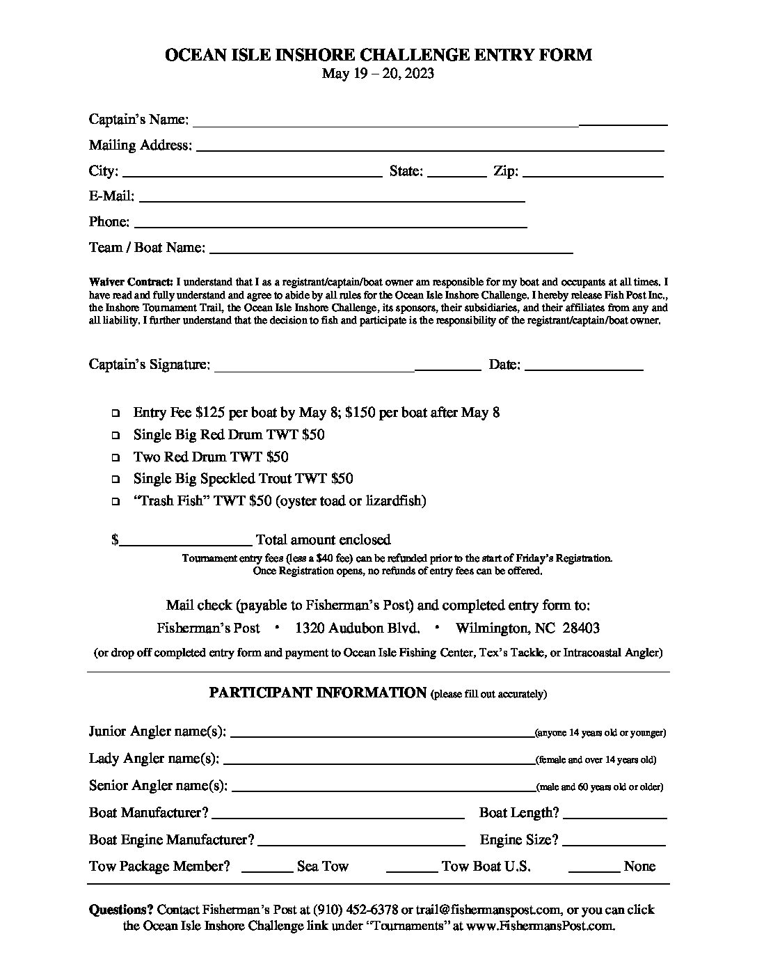 2023 Ocean Isle Inshore Challenge Print Entry Form