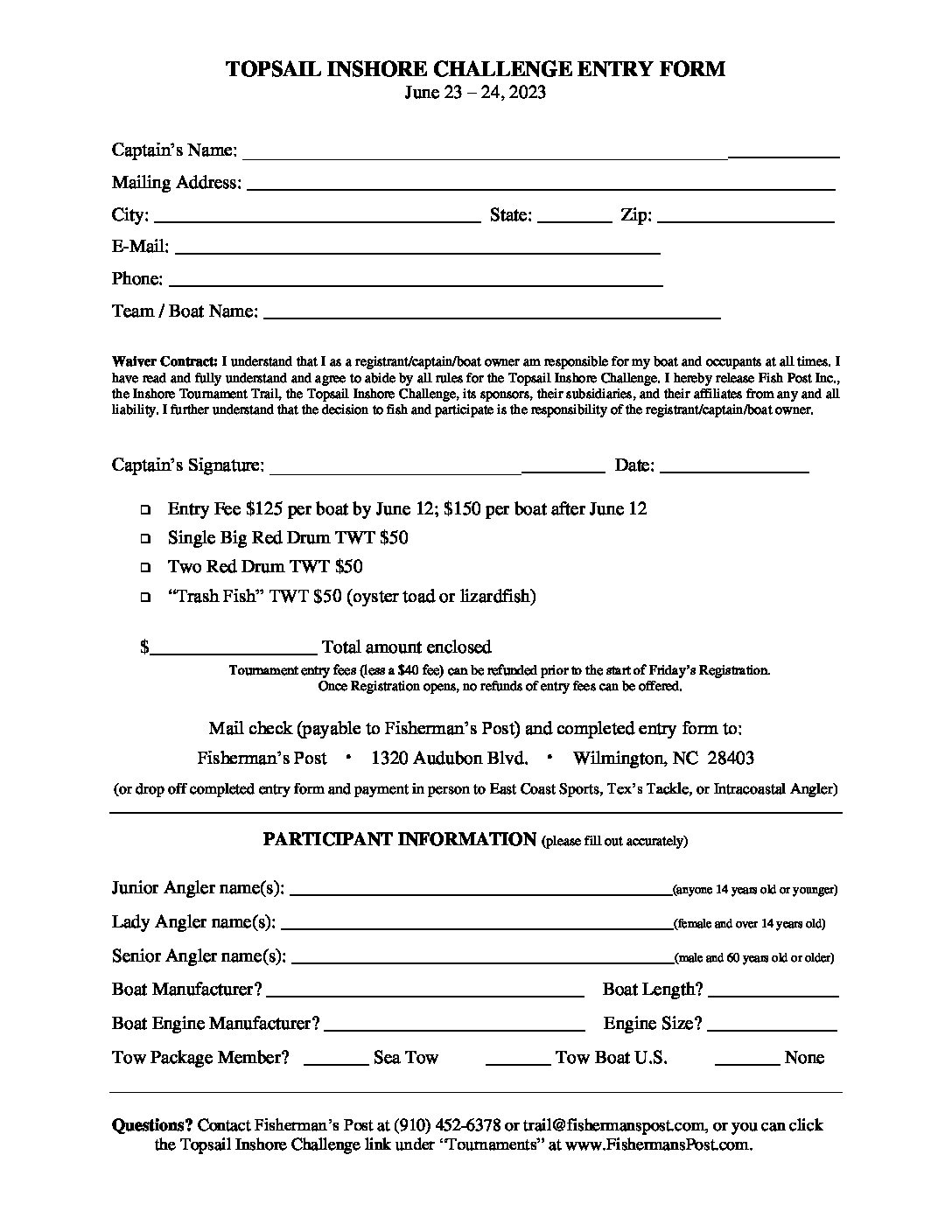 2023 Topsail Inshore Challenge Print Entry Form