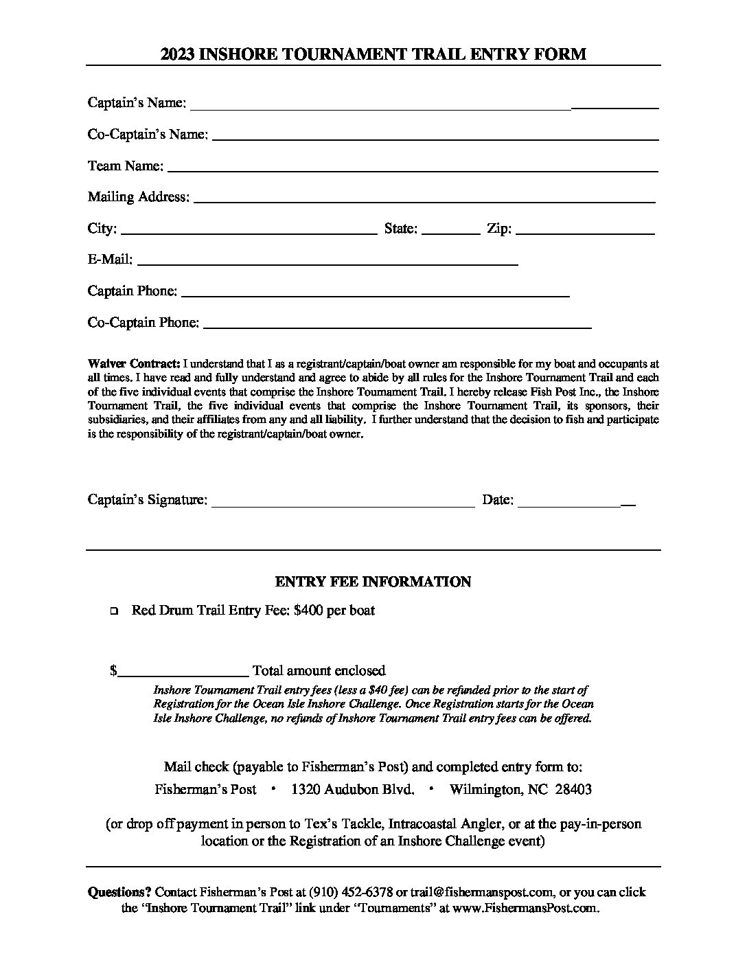 2023 Inshore Tournament Trail Print Entry Form