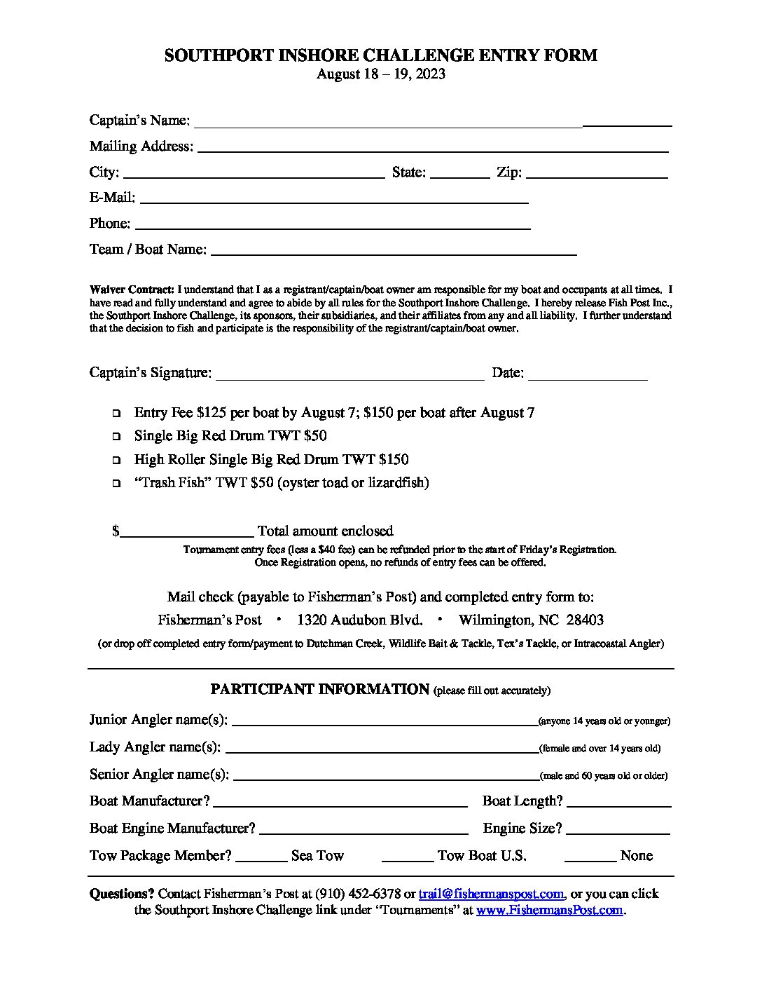2023 Southport Inshore Challenge Print Entry Form