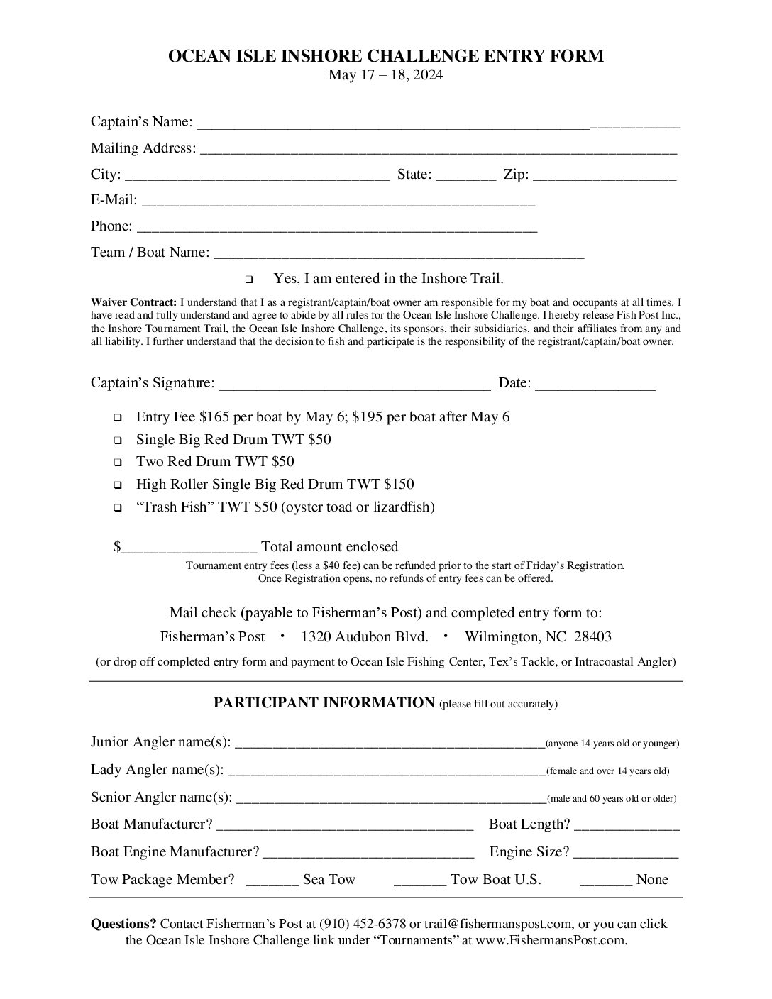 2024 Ocean Isle Inshore Challenge Print Entry Form
