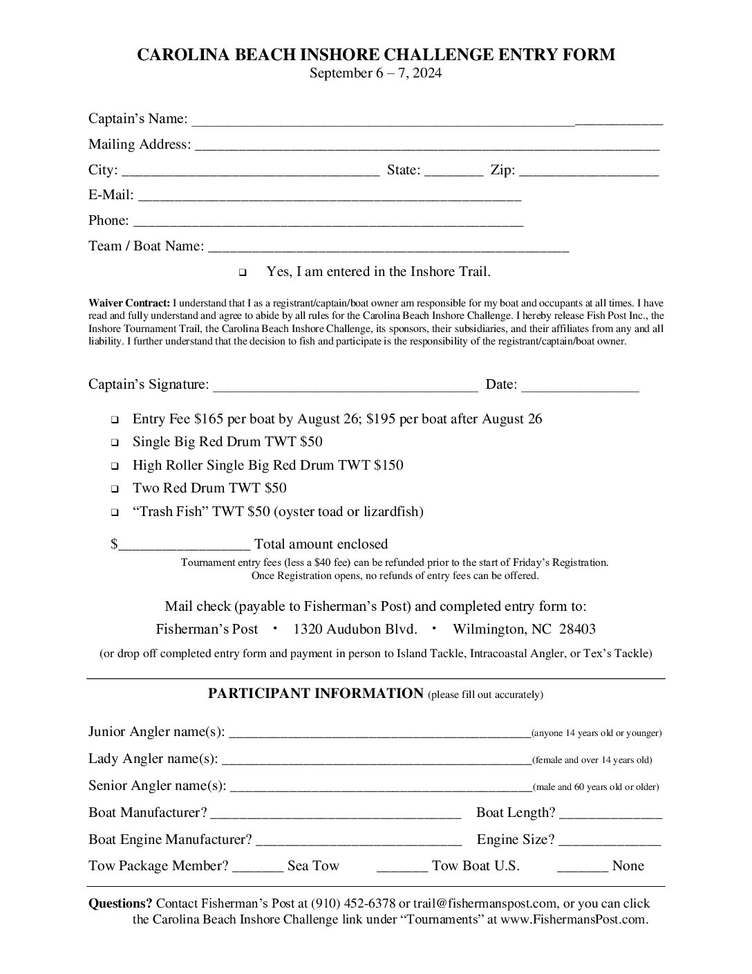 2023 Carolina Beach Inshore Challenge Print Entry Form