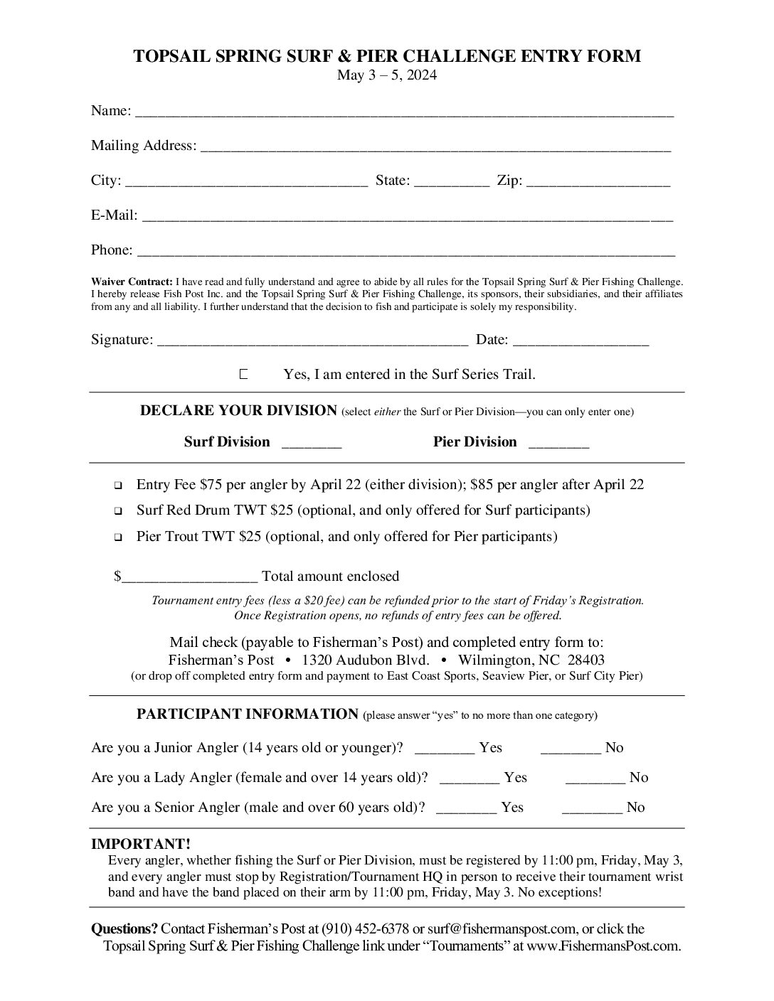 2024 Topsail Spring Surf & Pier Fishing Challenge Print Entry Form