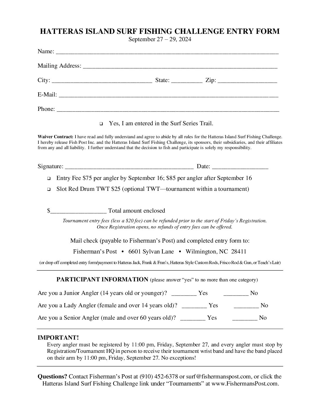 2024 Hatteras Island Surf Fishing Challenge Print Entry Form
