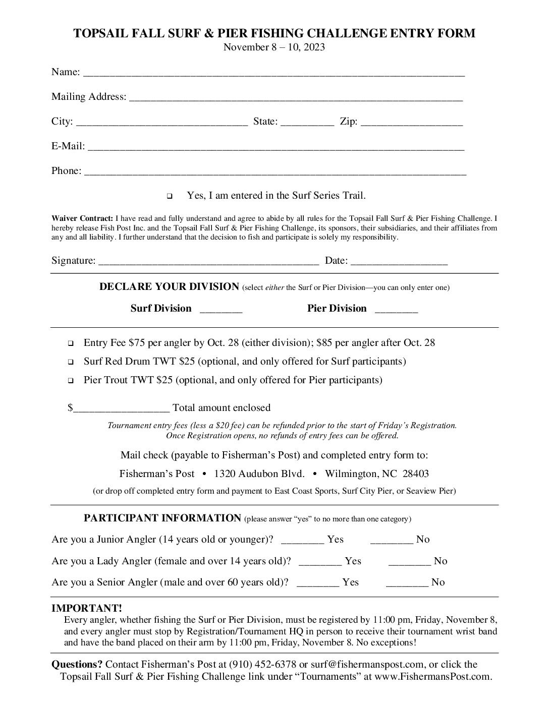 2024 Topsail Fall Surf & Pier Fishing Challenge Print Entry Form